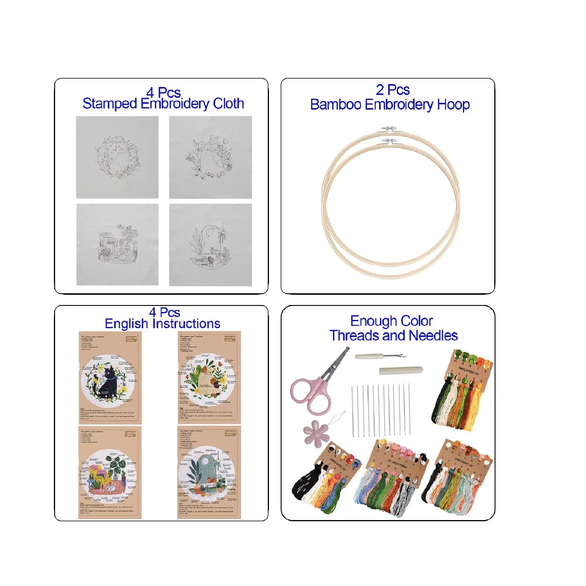 Beginner Embroidery Kit | 4 Sets Of Embroidery Kit For Craft Lovers With Cat And Plant Pattern