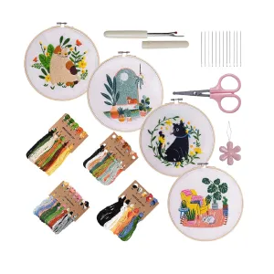 Beginner Embroidery Kit | 4 Sets Of Embroidery Kit For Craft Lovers With Cat And Plant Pattern