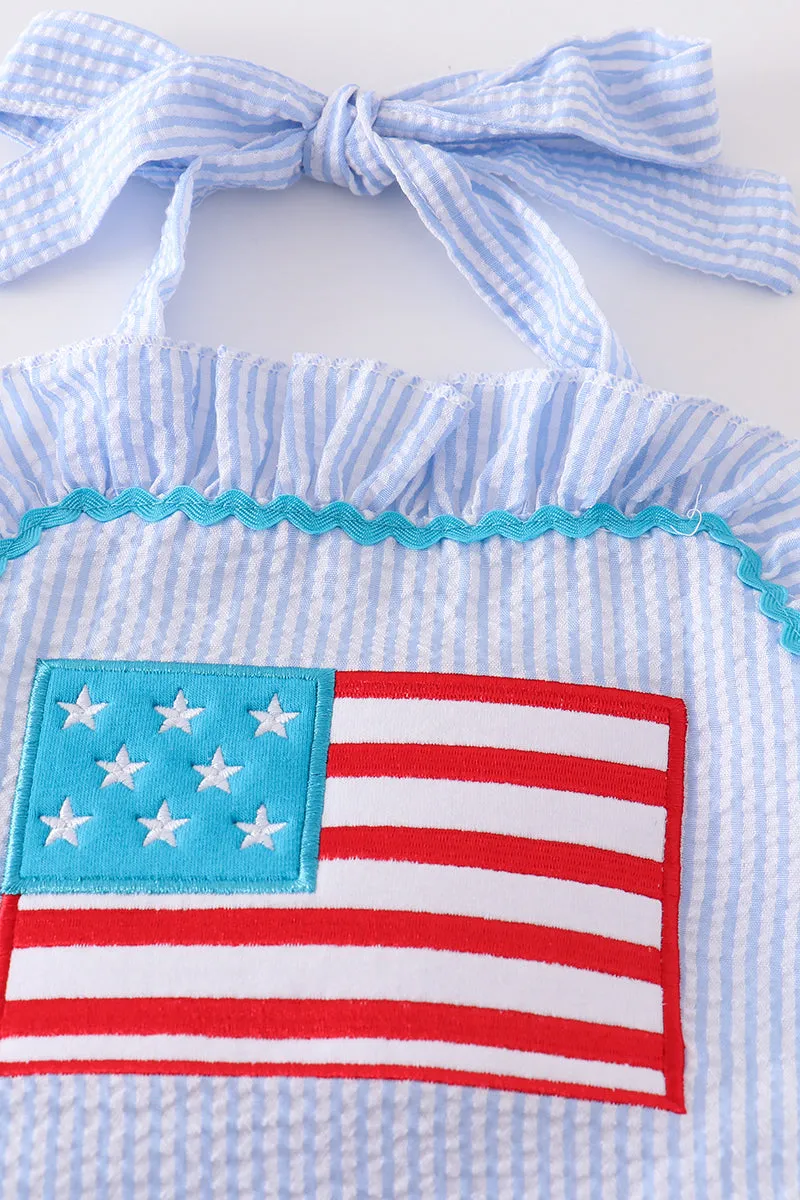 Blue patriotic flag applique seersucker one-piece girl swimsuit