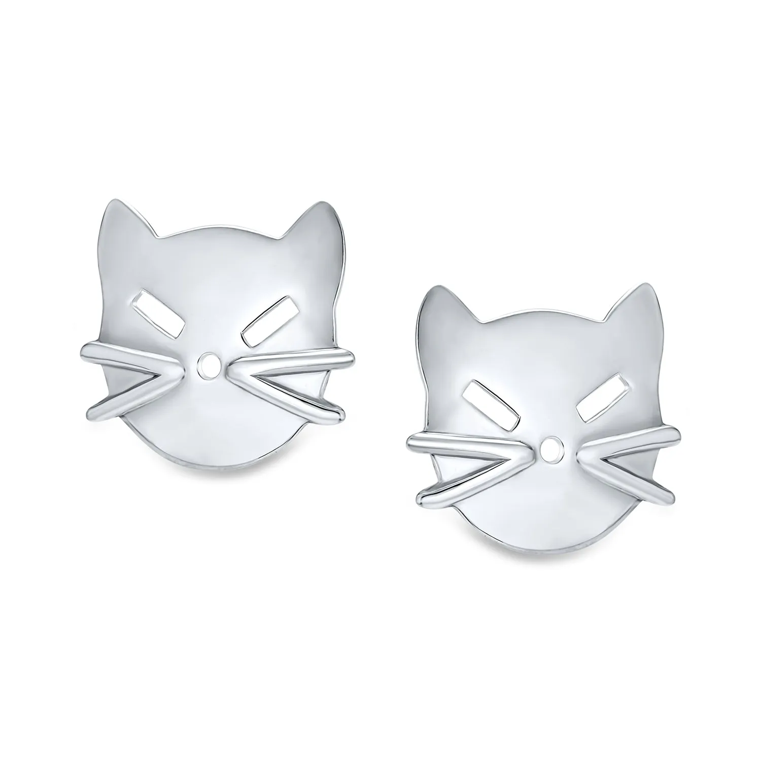 Curious Cat Face Stud Earrings in Polished Sterling Silver - Cute Kitten Design