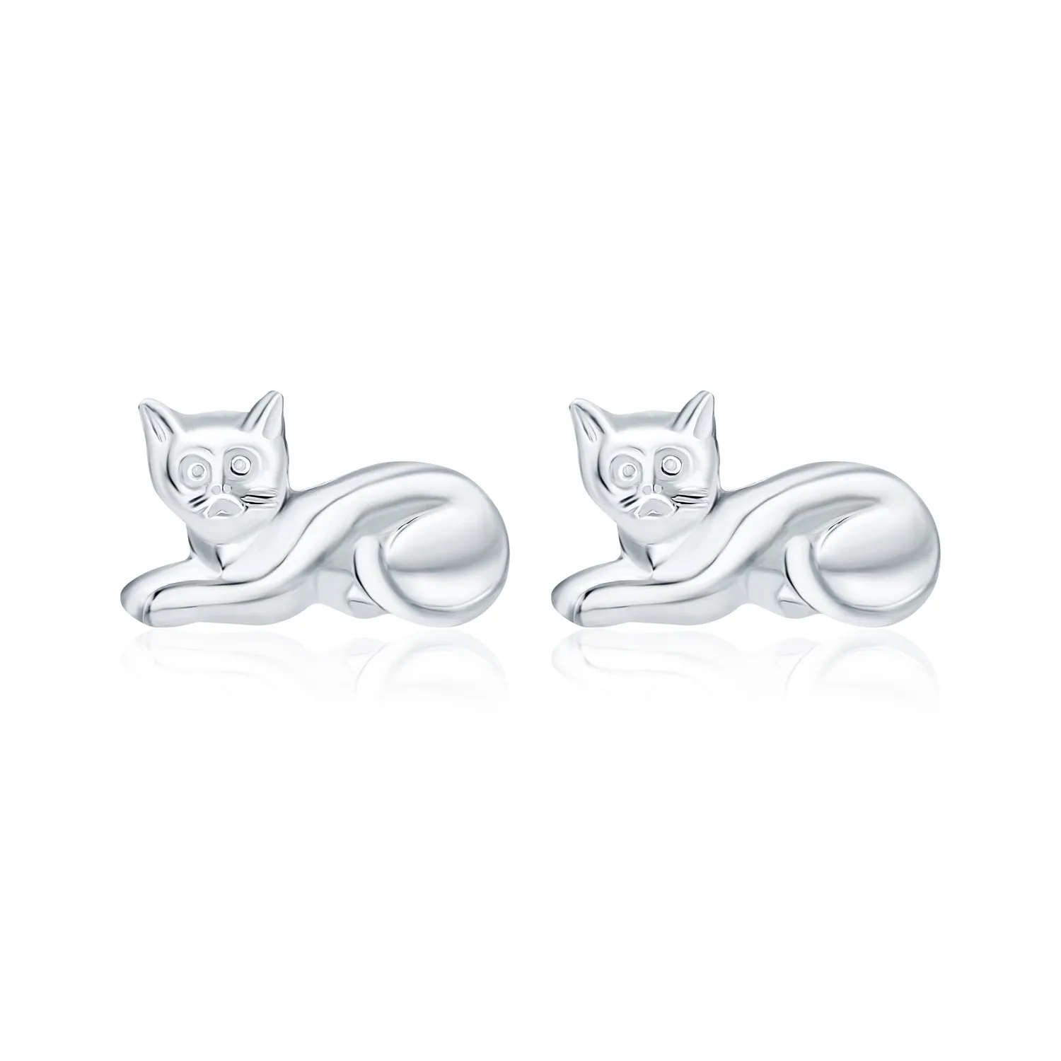 Curious Cat Stud Earrings in Polished Sterling Silver - Cute Animal Pet Jewelry