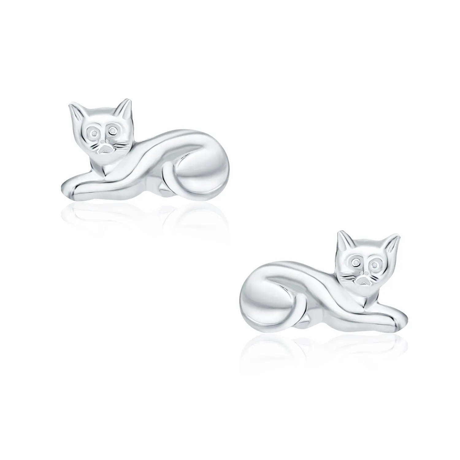 Curious Cat Stud Earrings in Polished Sterling Silver - Cute Animal Pet Jewelry